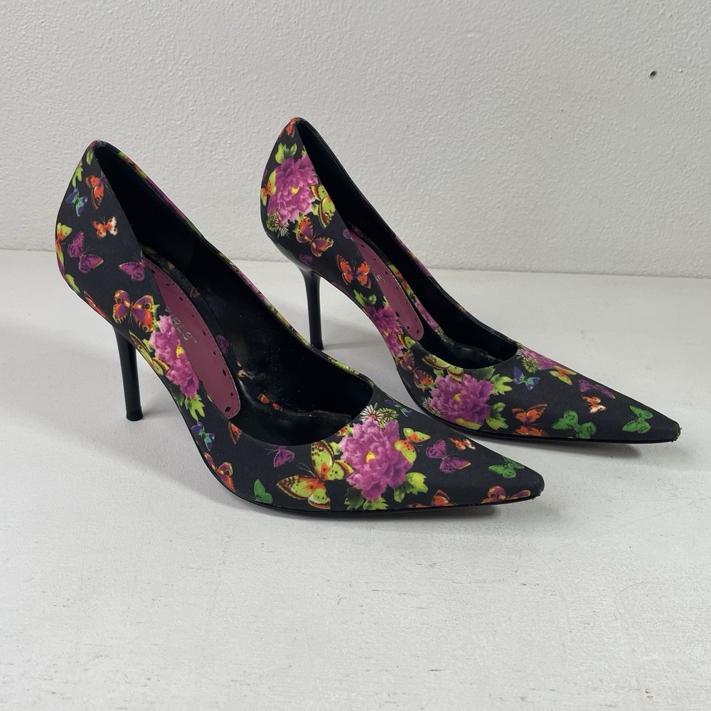 BCBGirls Stilettos Pumps Women's 6.5B Black Satin Floral Butterfly Heels Y2K